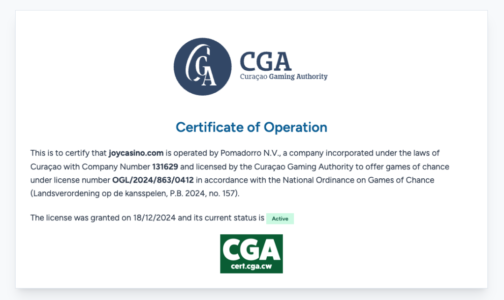 Лицензия Джой казино